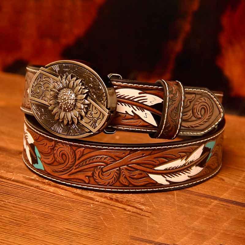 Western Feather Leather Printed Belt and Oval removable westem cowboy Buckle Costume Decoration