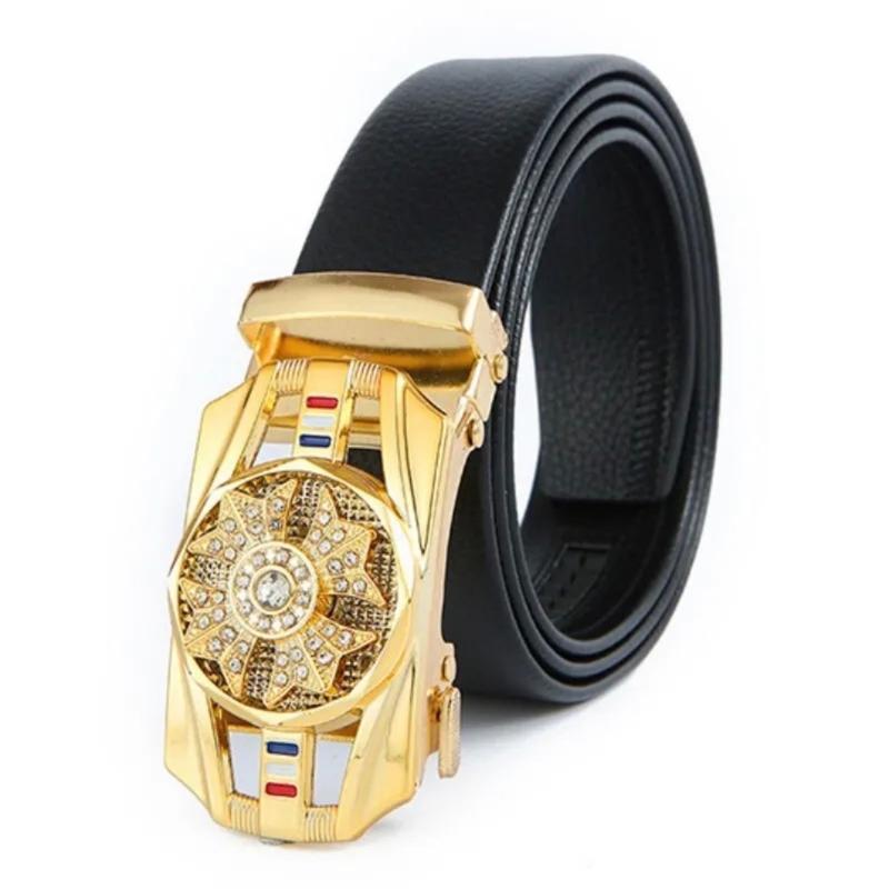 Men's Snowflake Automatic Buckle Belt Black Leather Ratchet Strap Jeans