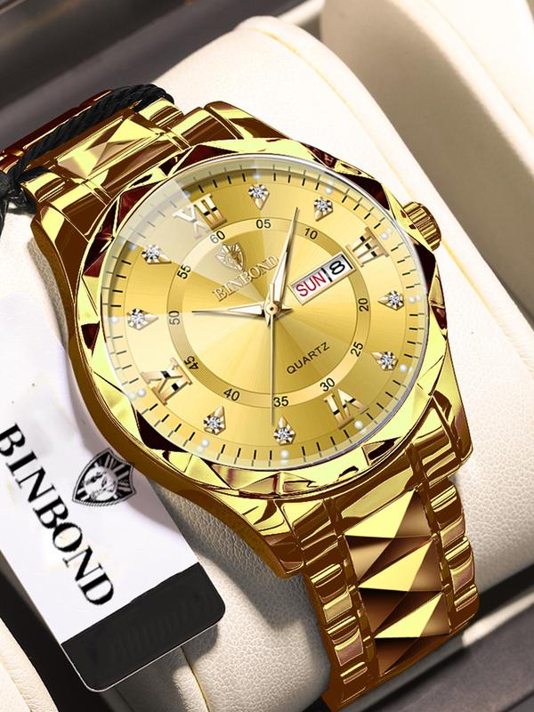 Men's Business Round Dial Analog Quartz Watch, Rhinestone Decor Luminous Waterproof Watch for Party, Daily Clothing Decor, Trendy All-match & Exquisite Watch for Gift