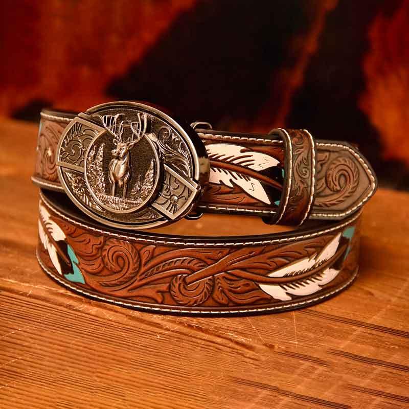 Western Feather Leather Printed Belt and Oval removable westem cowboy Buckle Costume Decoration