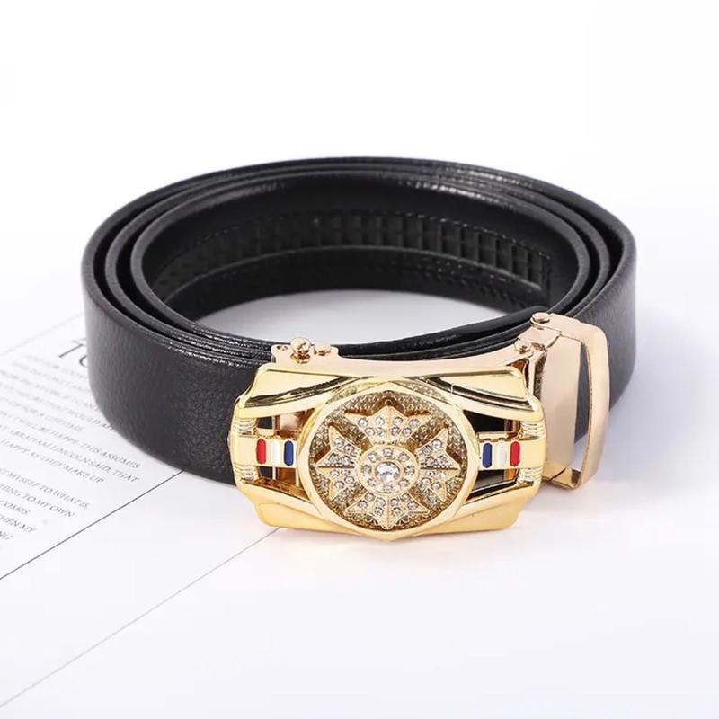 Men's Snowflake Automatic Buckle Belt Black Leather Ratchet Strap Jeans