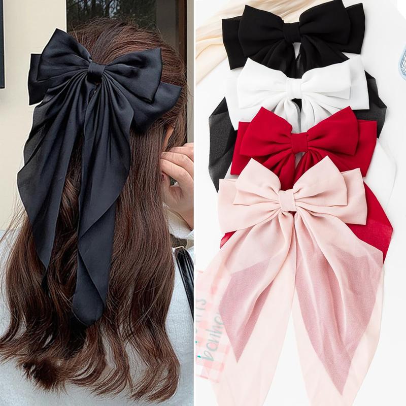 Large Hair Bows 4 PCS Ribbon Bow for Women,Hair Bows for Women,Oversized Long-tail Cute Aesthetic Hair Accessories,Large Hair Barrettes for Women,Big Bows for Girls