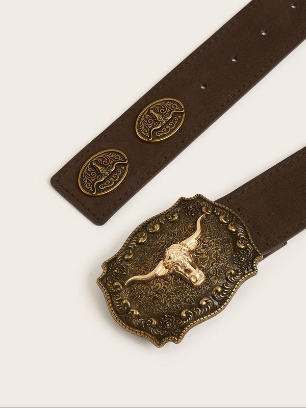 Women's Boho Style Cow Head Decorated Belt, Vintage Western Belt for Jeans & Dress, Fashion Accessories for Daily Wear