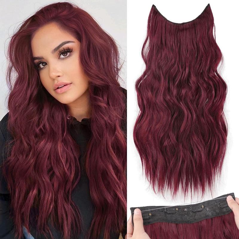 Invisible Wire Hair Extensions with Transparent Wire Adjustable Size 4 Clips Long Wavy Secret Hairpiece (20 Inch, Burgundy)