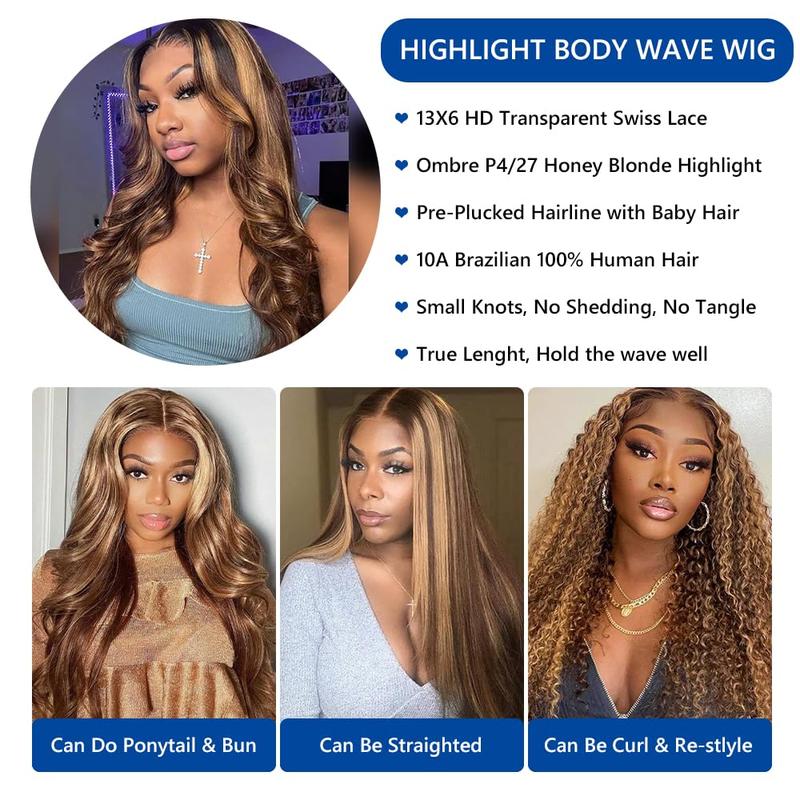 Honey Blonde Lace Front Wig Human Hair 13x6 HD Transparent Lace Frontal Wigs Human Hair Highlight Ombre 4 27 Lace Front Wigs Human Hair Wigs for Black Women Pre Plucked with Baby Hair