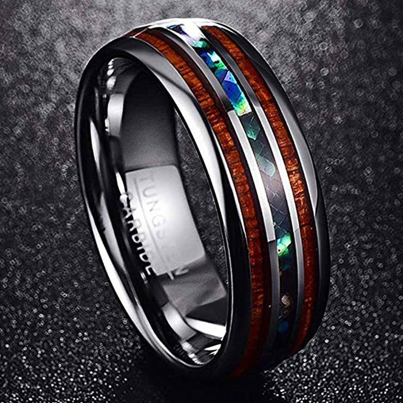 8mm Tungsten Rings for Men Hawaiian Koa Wood Inlay Dome Abalone Shell Blue Center Wedding Bands Comfort Fit Size 4 to 17