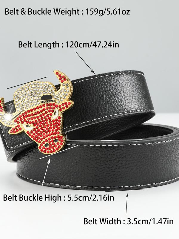 Men's Street Trend Rhinestone Bull Head Buckle Decorated Pu Leather Belt, Trendy Hip Hop Belt, Fashionable Clothes Accessories for Daily & Party Outfits