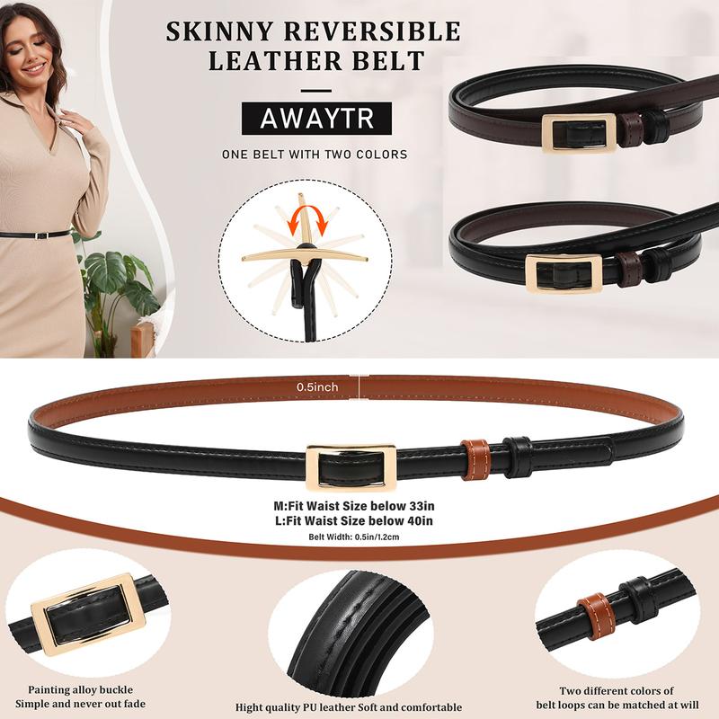 AWAYTR Skinny Reversible Leather Belt Hole Free Belt for Women Jeans Dress Thin Waist Belt for Ladies with Golden Buckle