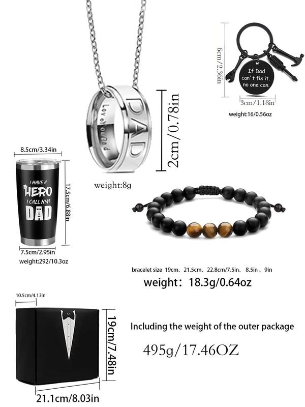 Father's Day Gift Set, Including Letters Decor Ring Design Pendant Necklace & Matching Beaded Bracelet & Cup & Keychain Set, with Gift Card & Box, Gifts for Boyfriend, Men Gifts Gifts For Mom