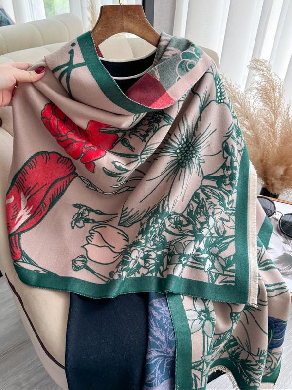 Floral Print Tassel Decor Double Sided Scarf, Casual Soft Warm Thick Shawl for Fall & Winter, Fashion Accessories for Women & Men