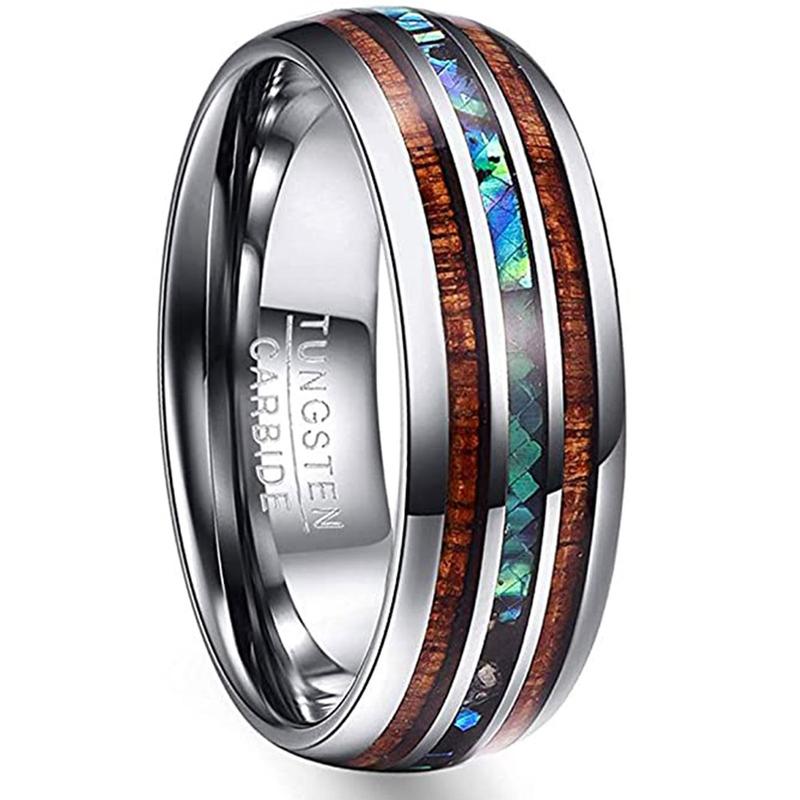 8mm Tungsten Rings for Men Hawaiian Koa Wood Inlay Dome Abalone Shell Blue Center Wedding Bands Comfort Fit Size 4 to 17