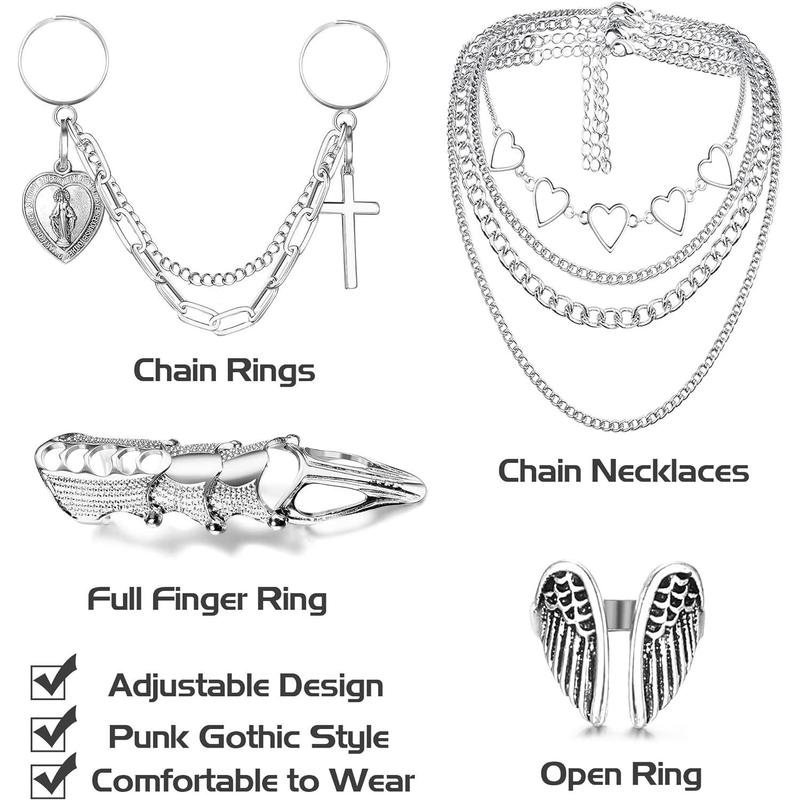 FLORIDECO 19PCS Punk Chain Rings+ Layered Chain Necklace Set for Women Men, Cool Goth Punk Vintage Stackable Open Finger Rings Statement Pendant Choker Necklace Emo Y2K Jewelry Daily