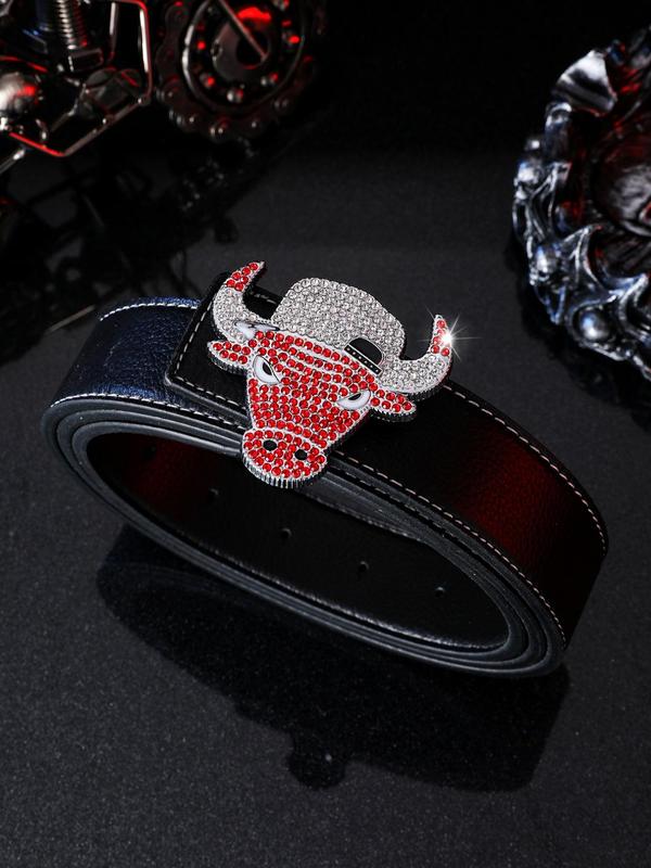 Men's Street Trend Rhinestone Bull Head Buckle Decorated Pu Leather Belt, Trendy Hip Hop Belt, Fashionable Clothes Accessories for Daily & Party Outfits