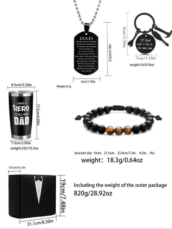 Father's Day Gift Set, Including Letters Decor Ring Design Pendant Necklace & Matching Beaded Bracelet & Cup & Keychain Set, with Gift Card & Box, Gifts for Boyfriend, Men Gifts Gifts For Mom