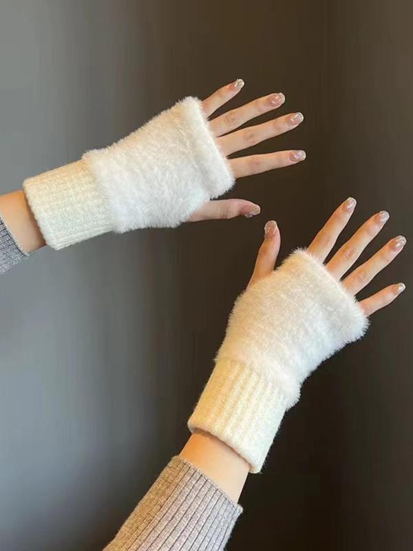 Women's Solid Color Flip Top Half Finger Gloves, Boho Style Warm Knitted Gloves for Fall & Winter, Fashion Accessories for Women & Girls