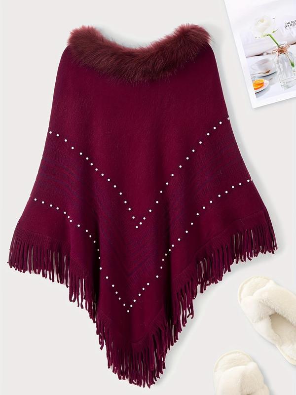 Women's Solid Color Faux Pearl Decor Tassel Trim Shawl, Casual Soft Warm Shawl Blanket Cape for Fall & Winter, Fashion Accessories for Women & Girls