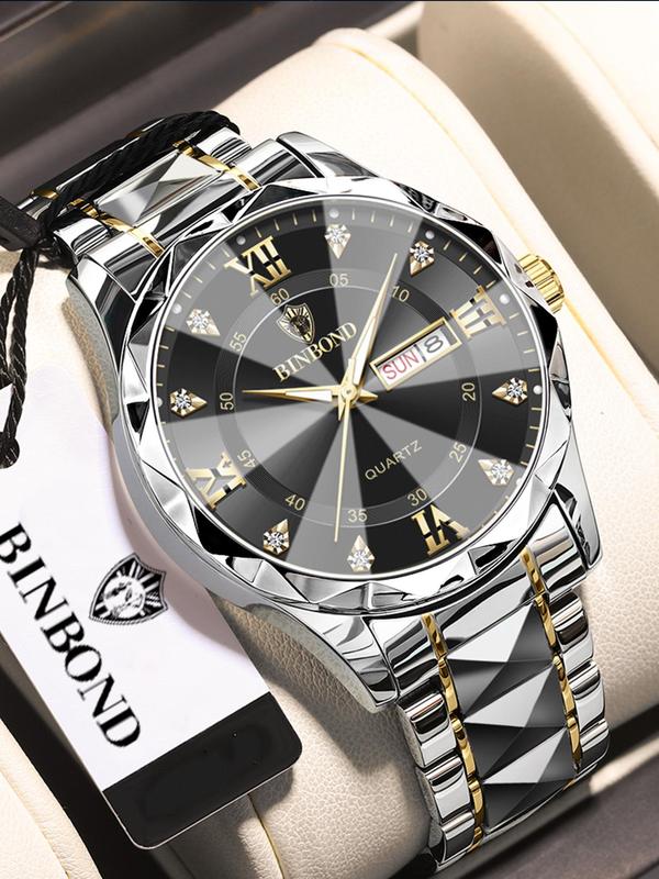 Men's Business Round Dial Analog Quartz Watch, Rhinestone Decor Luminous Waterproof Watch for Party, Daily Clothing Decor, Trendy All-match & Exquisite Watch for Gift