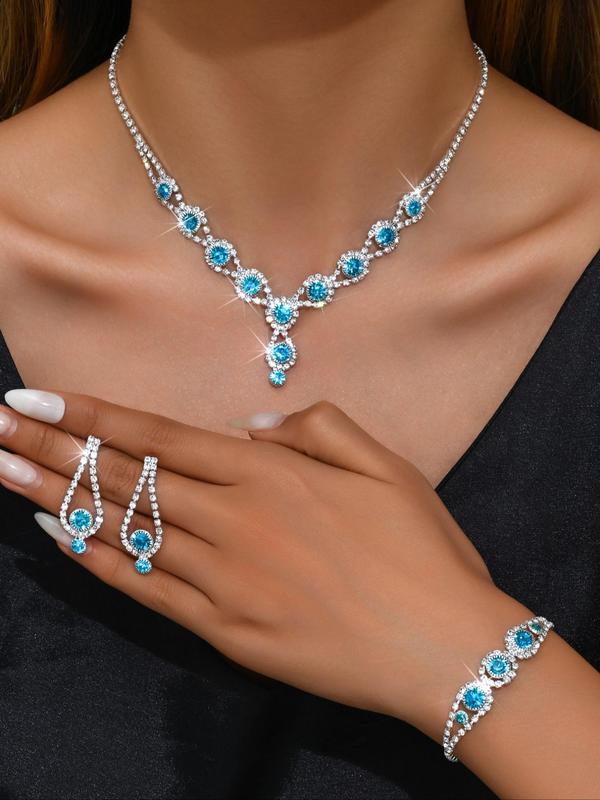 Women's Elegant Rhinestone Decorated Necklace & Bracelet & Earrings, Exquisite Trendy Jewelry Set, Fashionable Accessories for Party & Daily Clothing Decor