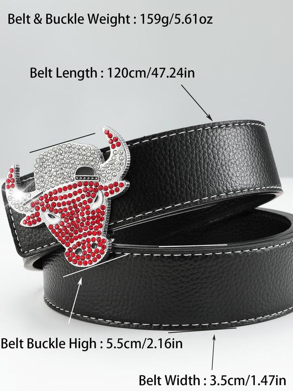 Men's Street Trend Rhinestone Bull Head Buckle Decorated Pu Leather Belt, Trendy Hip Hop Belt, Fashionable Clothes Accessories for Daily & Party Outfits