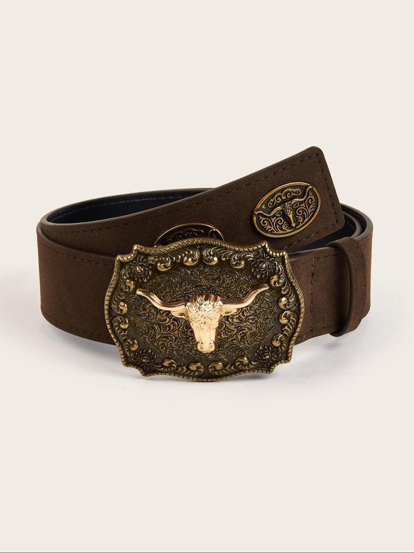 Women's Boho Style Cow Head Decorated Belt, Vintage Western Belt for Jeans & Dress, Fashion Accessories for Daily Wear