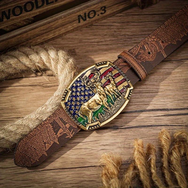 Western Cowboy PU Leather Belt - Men Waist Strap Bull Decoration Floral Engraved for Jeans chao ren