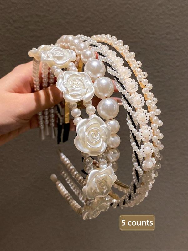 Faux Pearl Decorated Flower Design Hair Hoop, Elegant Hair Accessories for Women & Girls, Minimalist Headwear Suitable for Thick Hair