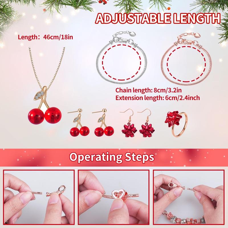 Women's Advent Calendar Bracelet, 24 Days Jewelry Necklace Bracelet Making Kit - Christmas Countdown Gift for Daughter, Friends, Wife, Mom (Red) Soft Gloss