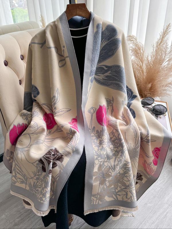 Floral Print Tassel Decor Double Sided Scarf, Casual Soft Warm Thick Shawl for Fall & Winter, Fashion Accessories for Women & Men