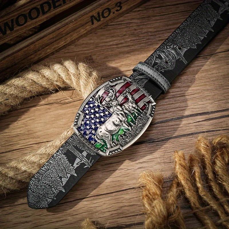 Western Cowboy PU Leather Belt - Men Waist Strap Bull Decoration Floral Engraved for Jeans chao ren