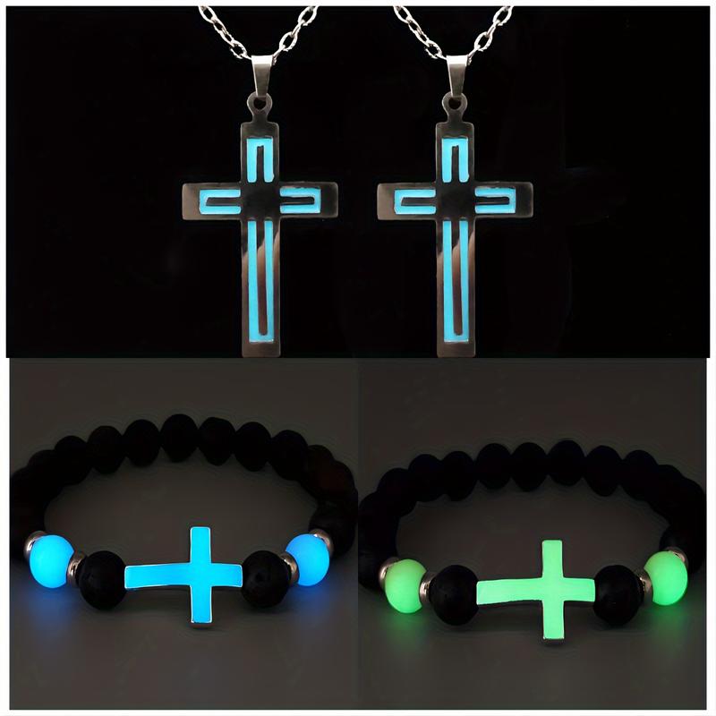 4Pcs Light in the Drak Cross Necklace and Bracelets Cross Charm Stainless Steel Necklace Set