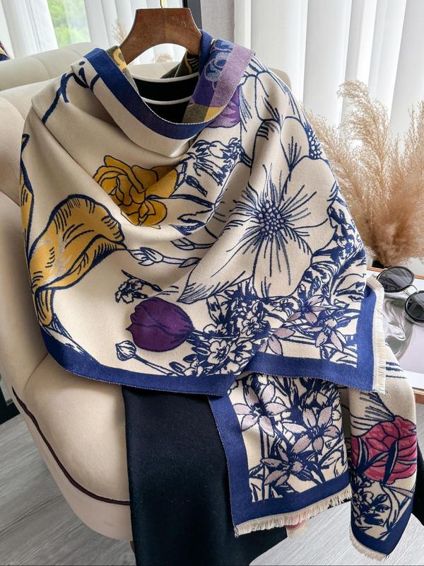 Floral Print Tassel Decor Double Sided Scarf, Casual Soft Warm Thick Shawl for Fall & Winter, Fashion Accessories for Women & Men