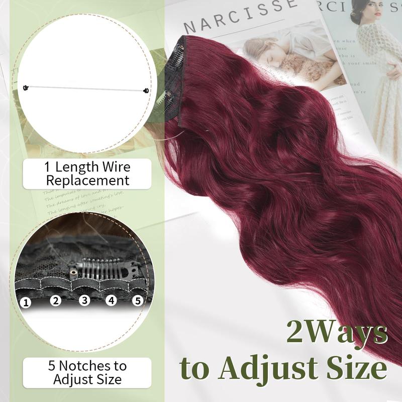 Invisible Wire Hair Extensions with Transparent Wire Adjustable Size 4 Clips Long Wavy Secret Hairpiece (20 Inch, Burgundy)