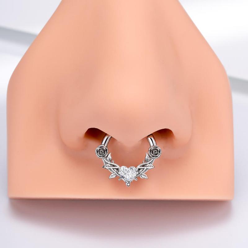 16G Rose Love Heart CZ Gem Clicker Septum Ring Hoop