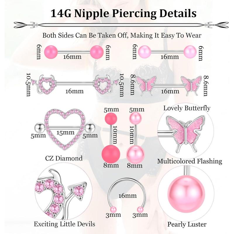 Nipple Piercing Jewelry With Belly Button Ring Set Surgical Steel Nipple Rings for Women Barbell Nipple Rings 14 Gauge 14-Piece Set