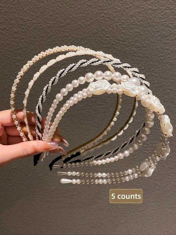 Faux Pearl Decorated Flower Design Hair Hoop, Elegant Hair Accessories for Women & Girls, Minimalist Headwear Suitable for Thick Hair