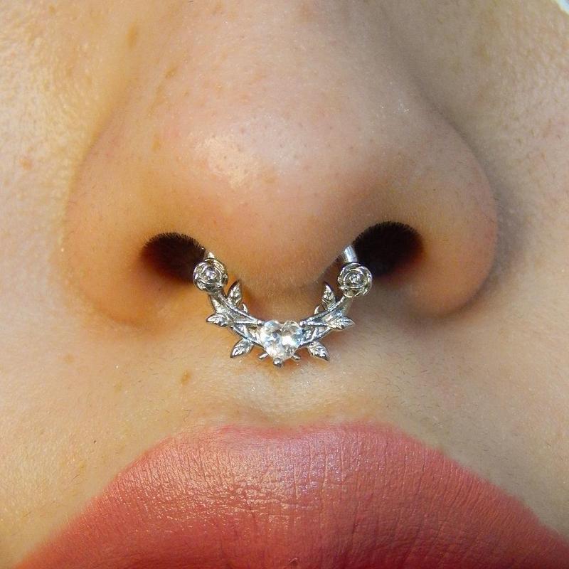 16G Rose Love Heart CZ Gem Clicker Septum Ring Hoop