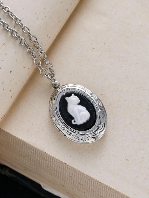 Vintage Cat Design Pendant Necklace, Creative DIY Photo Personality Women's Necklace, Fashion Accessories for Party, Daily Clothing Decor