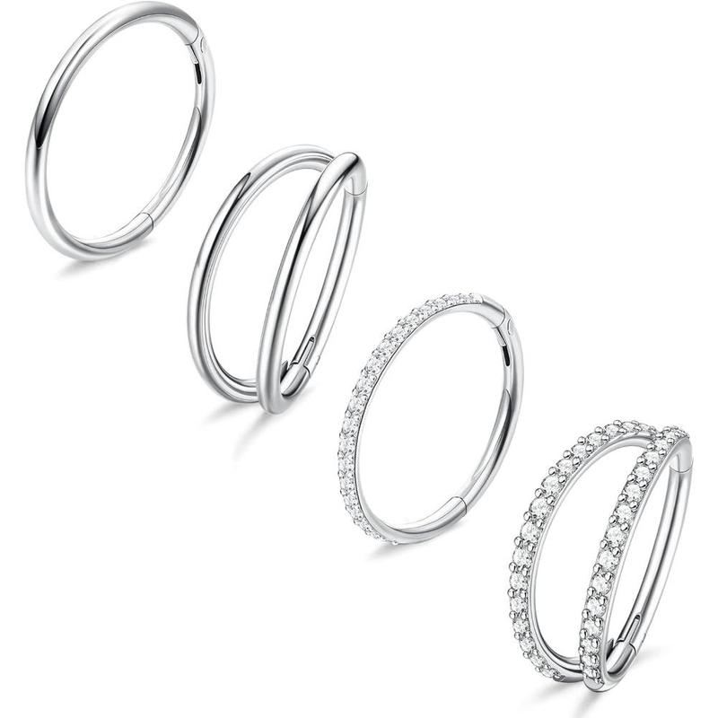 FLORIDECO 3-4PCS Surgical Steel 18G Nose Rings Hoops Earrings Tragus Septum Piercing CZ Clicker Septum Ring Hinged Segment Septum Conch Lip Cartilage Double Hoops 8mm 10mm For Women Men Daily