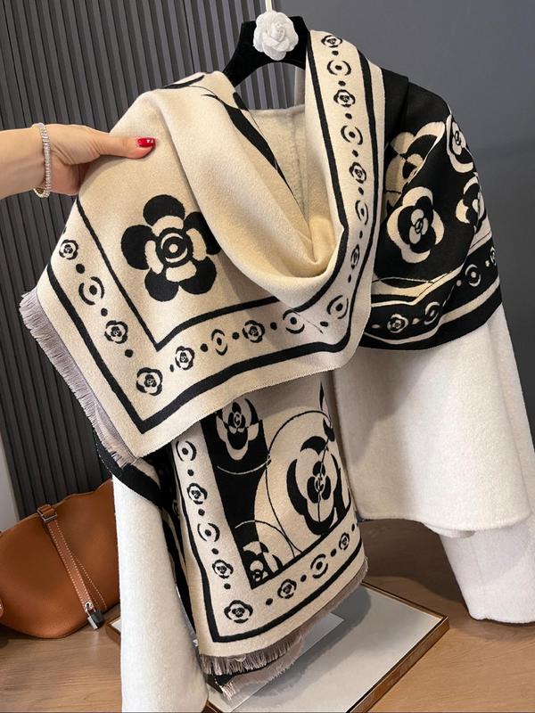 Floral Pattern Fringe Trim Shawl, Casual Soft Warm Double Sided Scarf for Women & Men, Fashion Accessories for Daily Wear