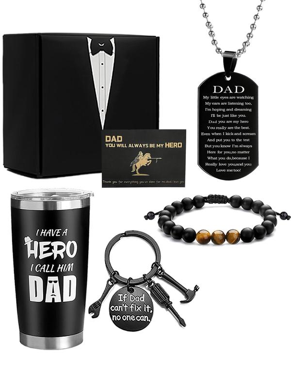 Father's Day Gift Set, Including Letters Decor Ring Design Pendant Necklace & Matching Beaded Bracelet & Cup & Keychain Set, with Gift Card & Box, Gifts for Boyfriend, Men Gifts Gifts For Mom