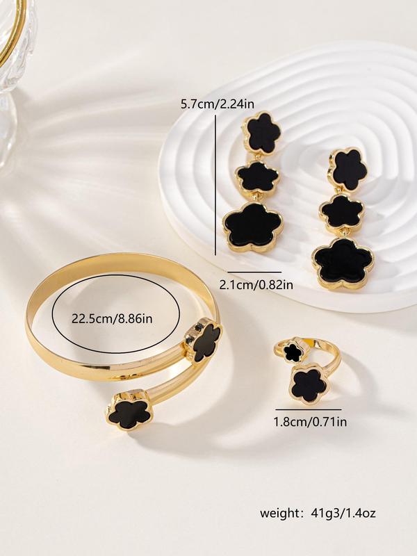 Elegant Flower Design Jewelry Set, 4 Counts Dangle Earrings & Cuff Bangle & Cuff Ring, Trendy All-match & Exquisite Jewelry Set for Birthday Gift