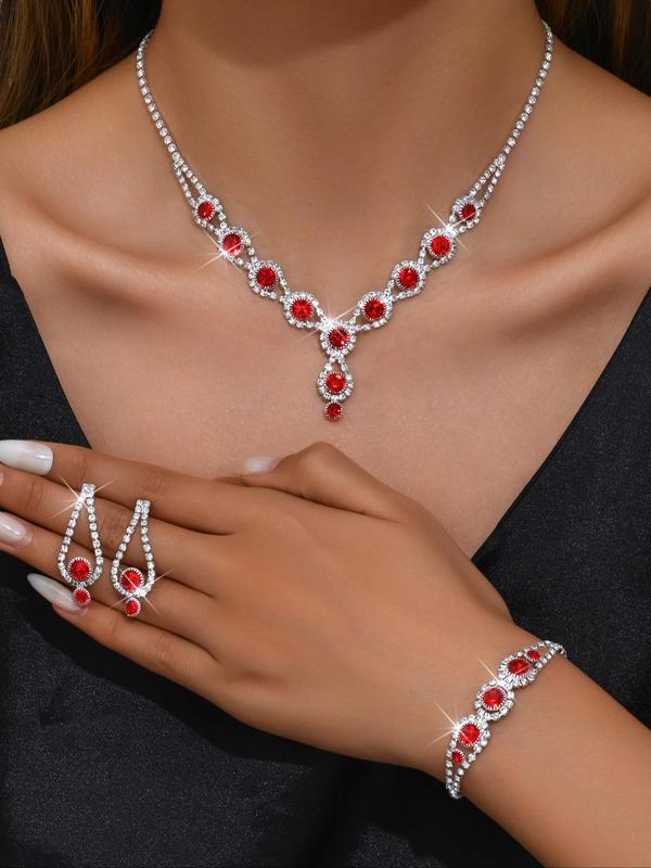 Women's Elegant Rhinestone Decorated Necklace & Bracelet & Earrings, Exquisite Trendy Jewelry Set, Fashionable Accessories for Party & Daily Clothing Decor