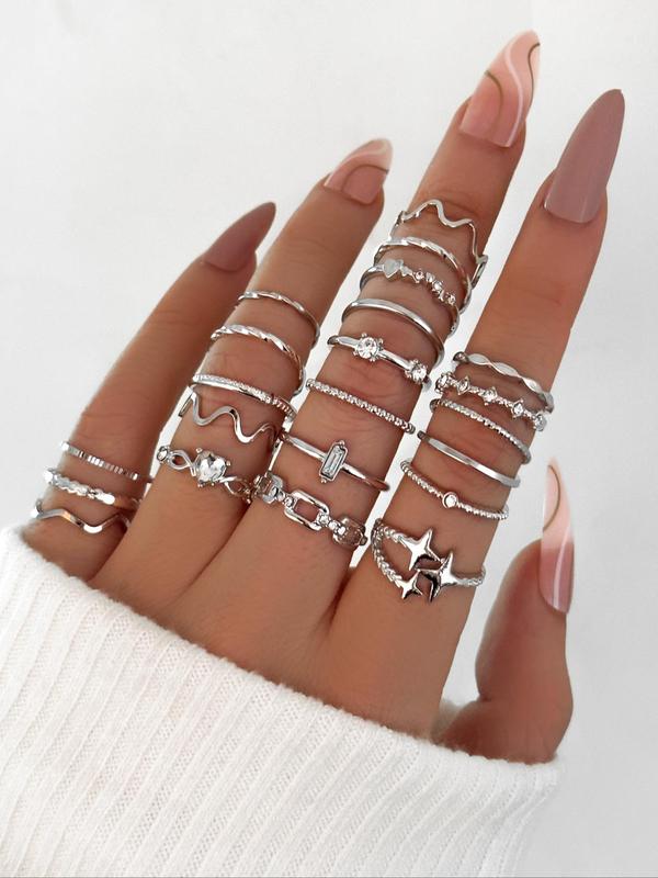 Women's Elegant Rhinestone Decorated Rings with Star & Heart Design (22pcs), Casual Trendy Rings for Party, Daily Clothing Decor, Trendy All-match & Exquisite Jewelry for Birthday Gift