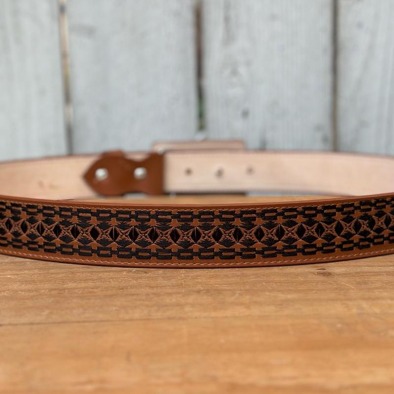 Tan “Rocco” Embroidered Belt with Rectangular Buckle - Men’s Western Belts