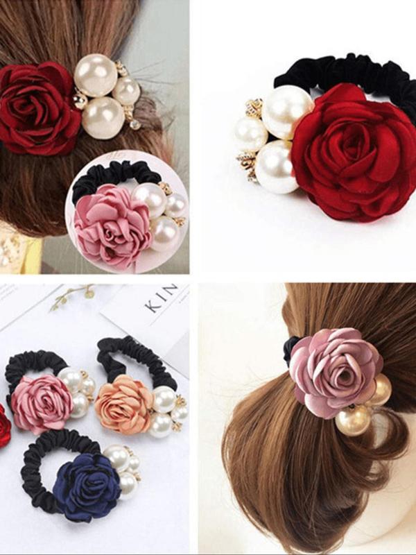 Elegant Faux Pearl Decorated Hair Ties As Gift, Handmade Flower Decorated Hair Ties, Exquisite Fashion Hair Accessories for Women & Girls, High Elastic Ponytail Holder