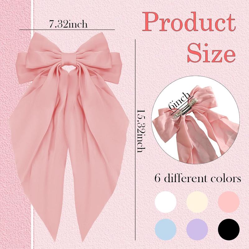 6PCS Big Satin Bows for Women, Long Tail Coquette Hair Accessories - Cute Aesthetic Hair Clips & Ribbons for Gifts