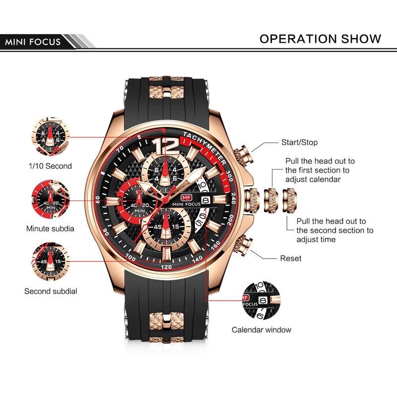 MF MINI FOCUS Watches for Mens Fashion Sports Waterproof Chronograph Watches with Silicone Strap Business Work Wrist Watch Auto Date Watches Silicon  for Men