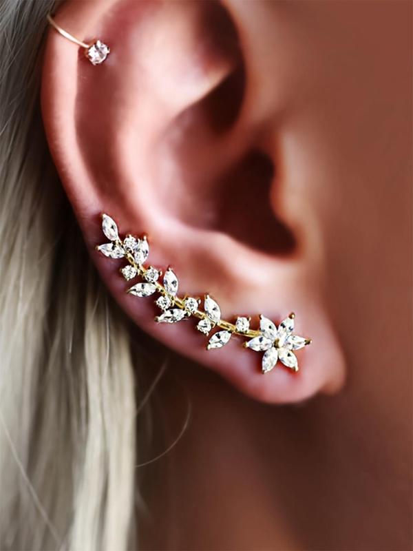 Flower Design Ear Cuff (1 Pair), Rhinestone Decor Earrings for Women for Party, Daily Clothing Decor, Trendy All-match Wedding Anniversary Party Jewelry Gift