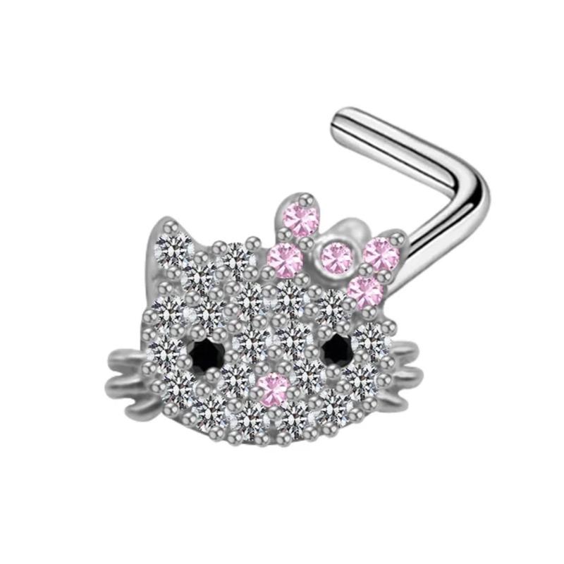 Rhinestone Cute Cat Nose Ring, Surgical Stainless Steel, 20G