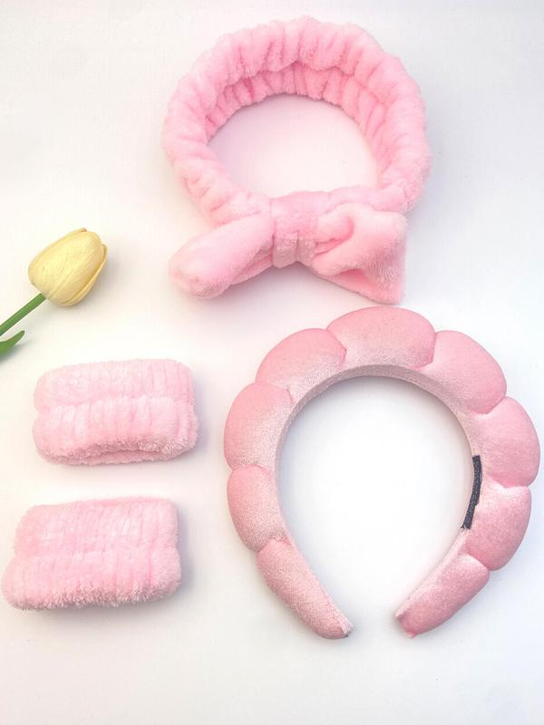 Cute Bowknot Decor Plush Hair Hoop & Hair Band & Wristbands for Women & Girls, Minimalist Headwear Suitable for Thick Hair for Shower, Yoga, Washing Face